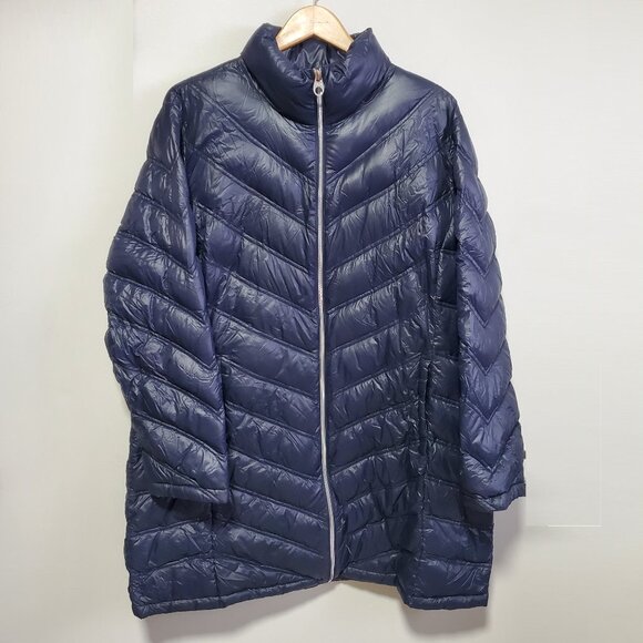 CALVIN KLEIN Chevron Quilted Packable Down Puffer Coat Jacket Navy Women's 2X - Picture 2 of 14